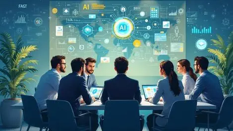 Business professionals meeting room collaborating ai diagrams laptops strategies