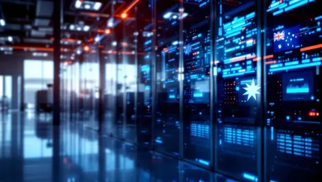 Modern data center rows servers cooling systems australian flag reflection local data hosting infrastructure