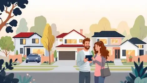 Modern melbourne neighborhood happy couple reviewing property options tablet home illustration