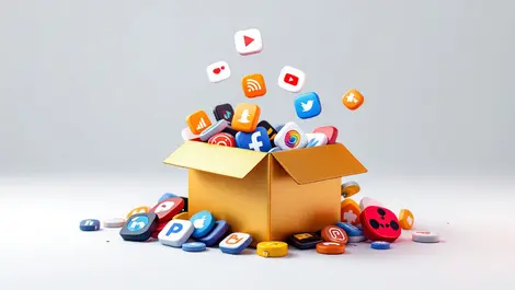 Pile digital app icons popular streaming services falling from broken golden delivery box white background