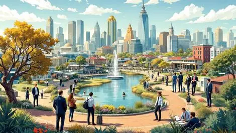 Flourishing regional australian cities professionals business attire outdoors career growth economic vitality urban suburban contrast