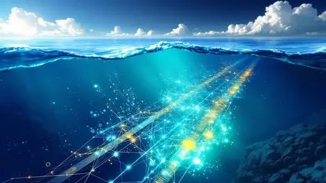 Realistic underwater fiber optic cable sydney auckland ocean waves digital network glow tasman sea connectivity