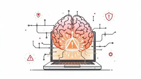 Computer glowing brain circuit shield icons warning exclamation marks illustration