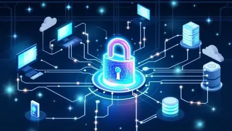 Modern office workspace illustration computers servers network connections security padlock icon centered