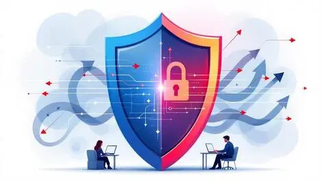 Illustration large protective shield blocking digital threats arrows