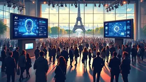 Crowded tech expo hall paris eiffel tower ai themed digital displays