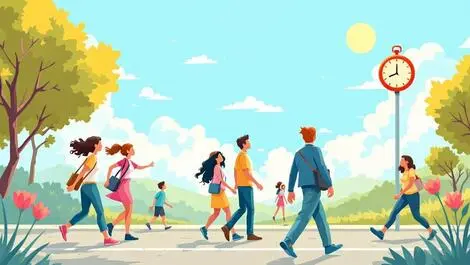 Relaxed office workers leaving early under bright australian sky clock showing short work hours symbolizing work life balance