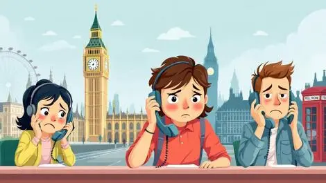 Frustrated british people waiting on hold with telephones uk landmarks