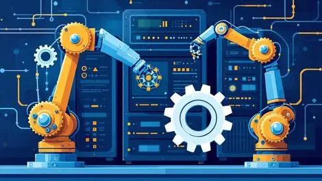 Robotic arms gears automation enterprise workflow server room illustration
