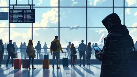 Realistic airport terminal travelers shadowy figure data breach impact
