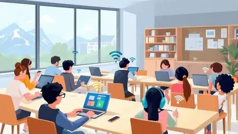 Modern new zealand classroom students using laptops tablets wifi router