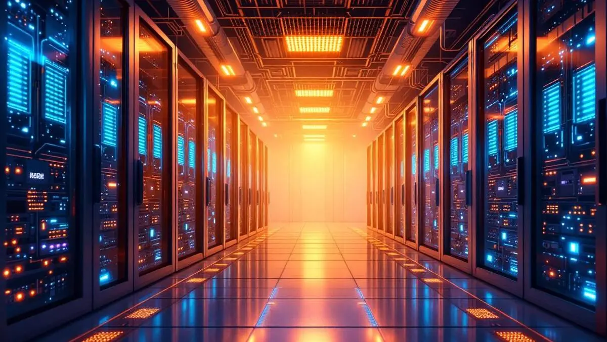 Modern network server room with complex cabling advanced technology lit efficient