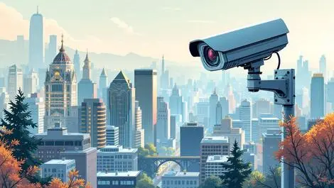 Security camera overlooking cityscape with canadian and iranian cues