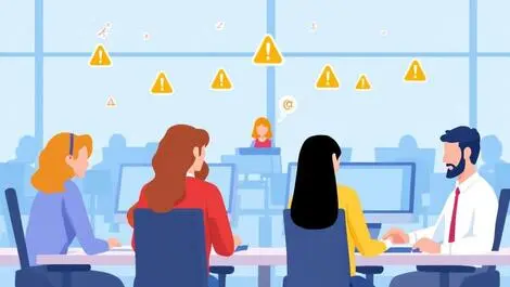 Office workers computers group risk warning icons alert symbols workplace safety