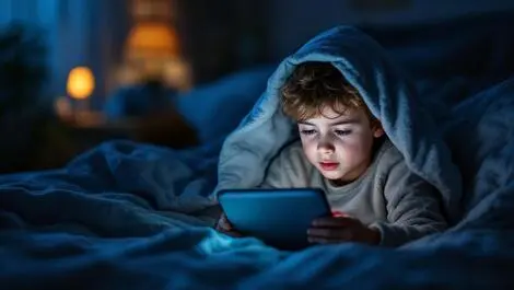 Realistic photo young uk child using tablet secretly under blanket