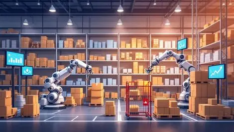 Modern warehouse organized shelves robotic arms digital inventory charts advanced technology logistics healthcare manufacturing