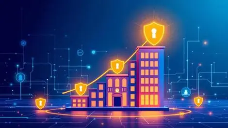 Secure building progressive lighting shields network background illustration