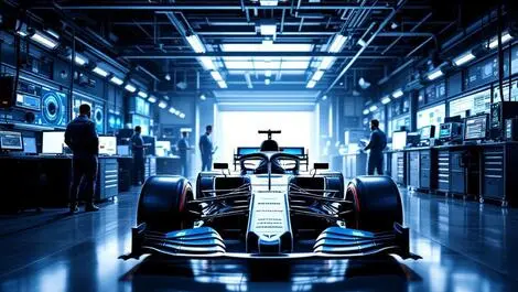 Realistic formula one race car high tech garage engineers monitoring