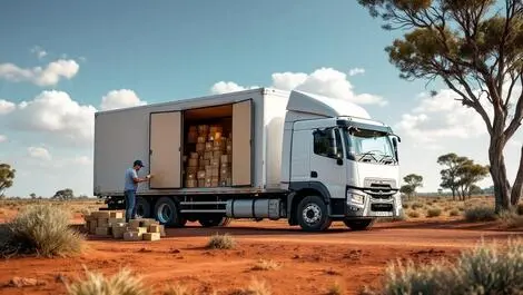 Australian delivery truck rural outback parcels clear skies red dirt gum trees