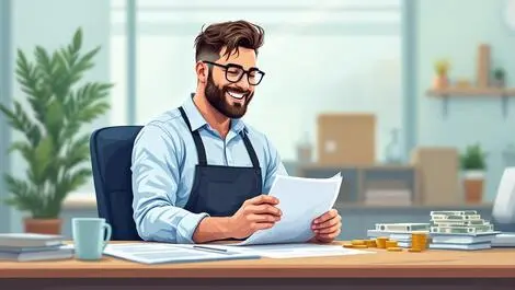 Australian small business owner reviewing financial documents at desk with cash