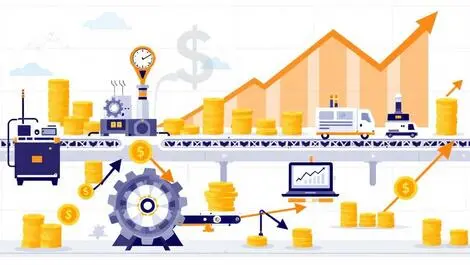 Illustration factory machines conveyor belts gears arrows financial gains efficiency
