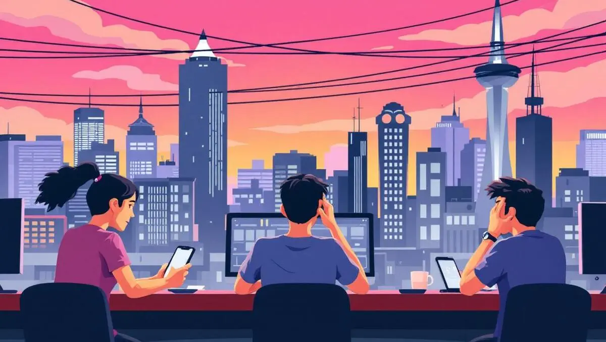 Frustrated australian people with digital devices powerline disruption urban cityscape