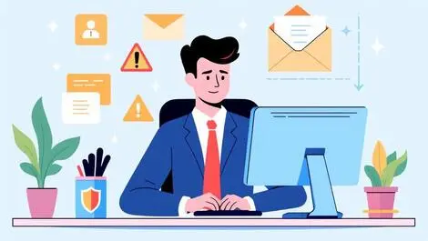 Office worker computer handling suspicious email with security icons