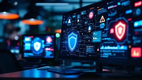 Small business office technology cyber threat detection digital shields alert icons