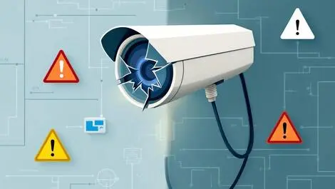 Security camera cracked warning symbols cables network map surveillance vulnerability