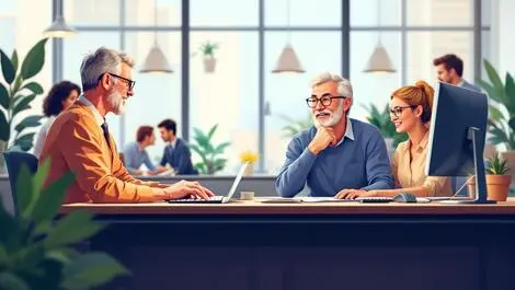Professional older man woman grey hair working computers modern australian office