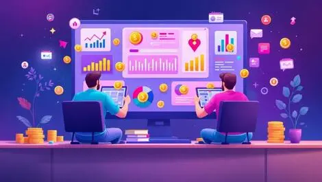 Game developers managing real time monetization dashboard with icons coins charts