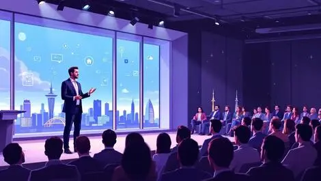 Australian professional man speaking melbourne conference hall technology icons