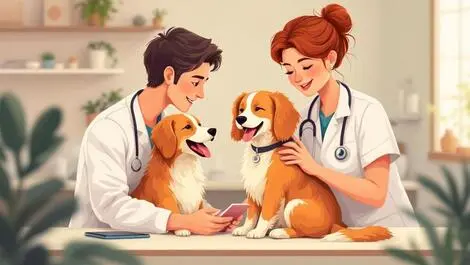 Australian veterinarian examining happy dog modern clinic digital device