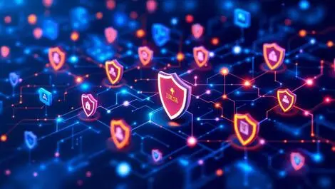 Interconnected digital nodes data streams shield icons cybersecurity protection