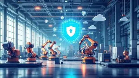 Modern factory floor industrial robots machinery cybersecurity icons
