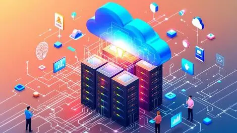 Secure modern data center with ai cloud icons and flowing data streams