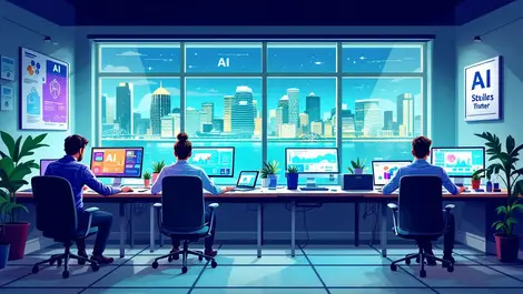 Australian office with ai computers employees and empty desks skill shortage sydney skyline