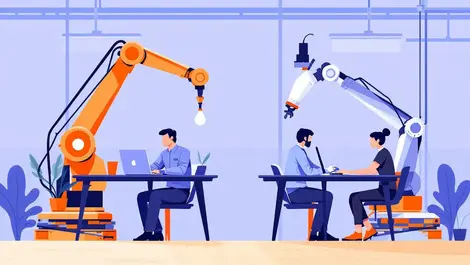 Workers at desks with computers and robotic arms ai assisted work