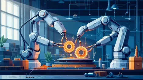 Robotic arms assembling machinery modern factory ai circuit patterns