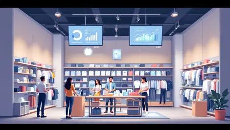 Modern clothing store interior digital screens data analytics efficient operations