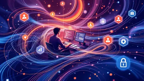 Developer at computer with real time data streaming and security alerts