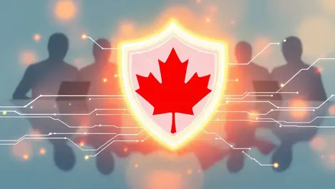 Digital shield protecting canada map cybersecurity cyber threats illustration