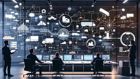 Modern supply chain control room digital screens logistics transportation analysis