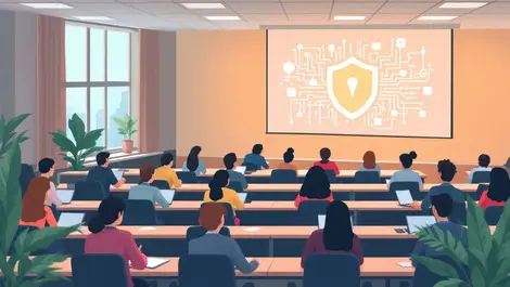 University classroom students laptops cybersecurity education digital shield