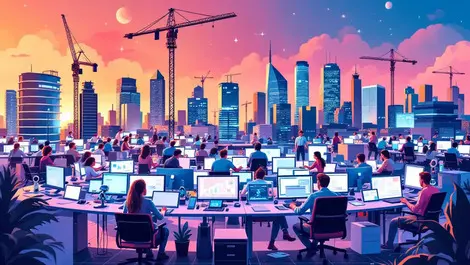 Dynamic illustration busy australian office workers tech innovation victoria cityscape