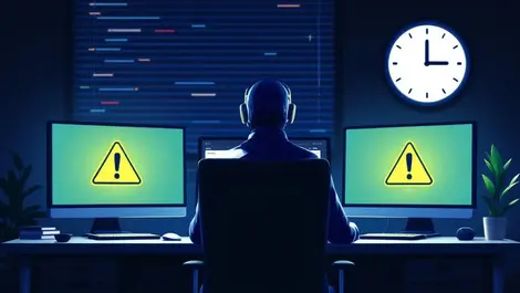 Dark office lit computer monitors warning symbols late night cybersecurity response