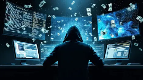 Realistic illustration shadowy hooded figure computer dark room multiple monitors code dollar bills online fraud