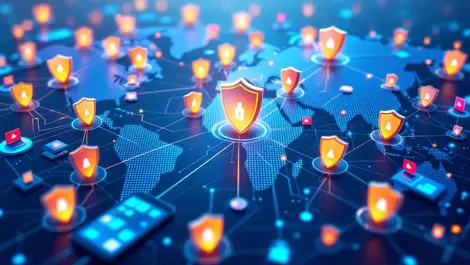 Vast network interconnected digital devices protective shields robust device security threat management global map