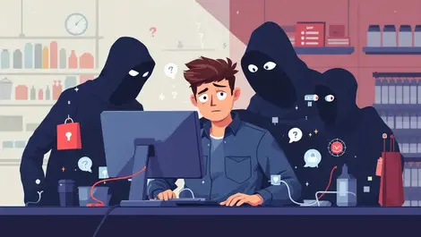 Worried retail worker computer cyber attackers digital threats illustration