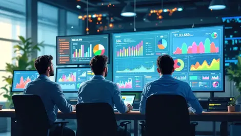 Business professionals analyzing colorful data graphs modern office servers